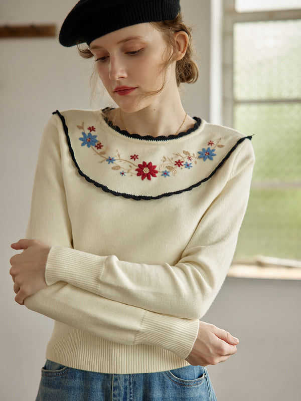 Grace Floral Embroidered Apricot Knit Sweater