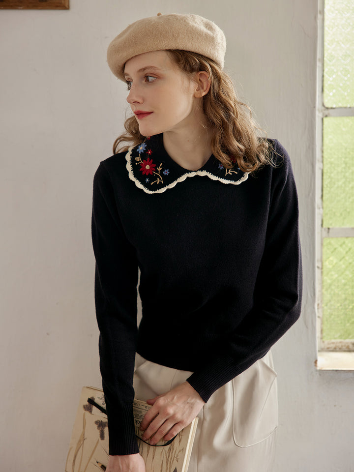 Grace Embroidered Peter Pan Collar Black Knit Sweater/SIMPLERETRO