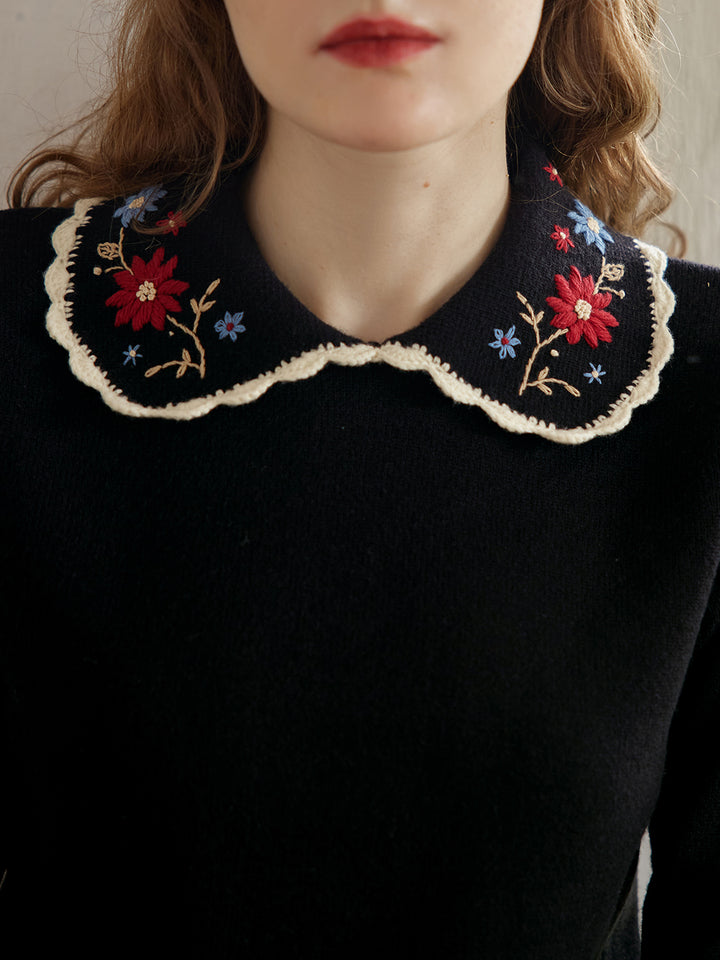 Grace Embroidered Peter Pan Collar Black Knit Sweater/SIMPLERETRO