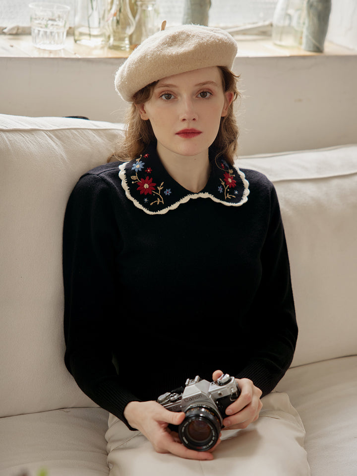 Grace Embroidered Peter Pan Collar Black Knit Sweater/SIMPLERETRO