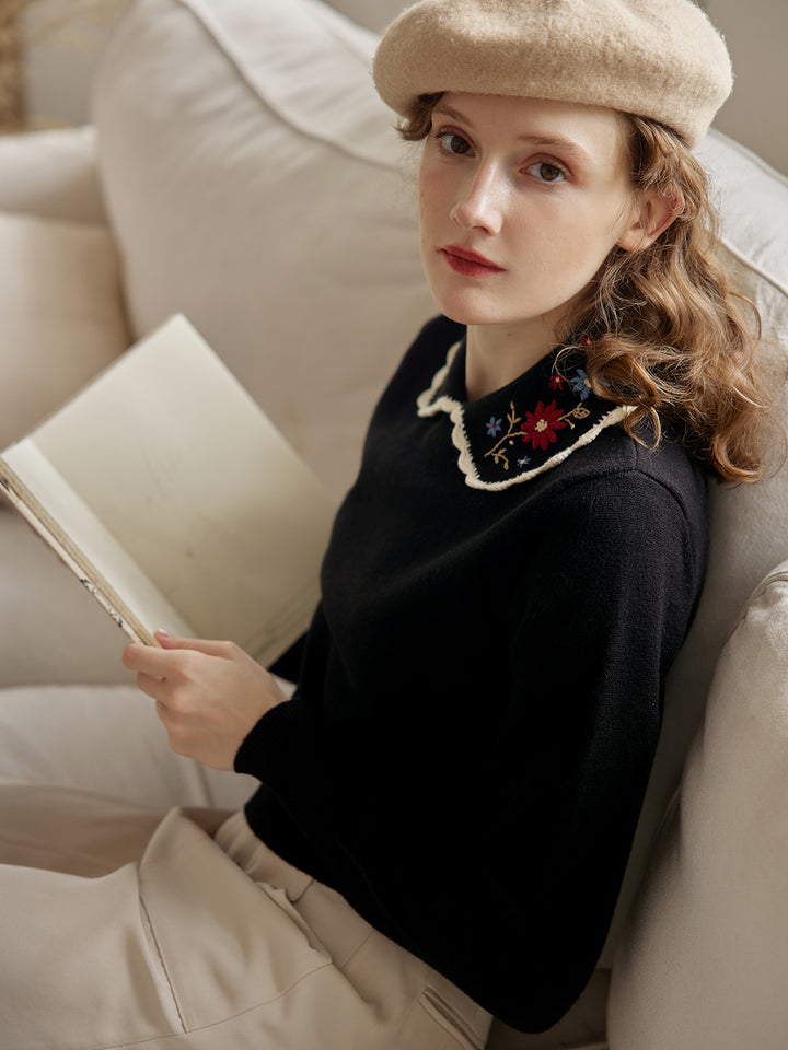 Grace Embroidered Peter Pan Collar Black Knit Sweater/SIMPLERETRO