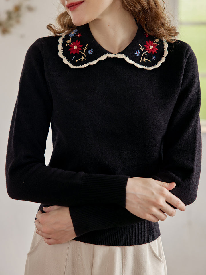 Grace Embroidered Peter Pan Collar Black Knit Sweater/SIMPLERETRO