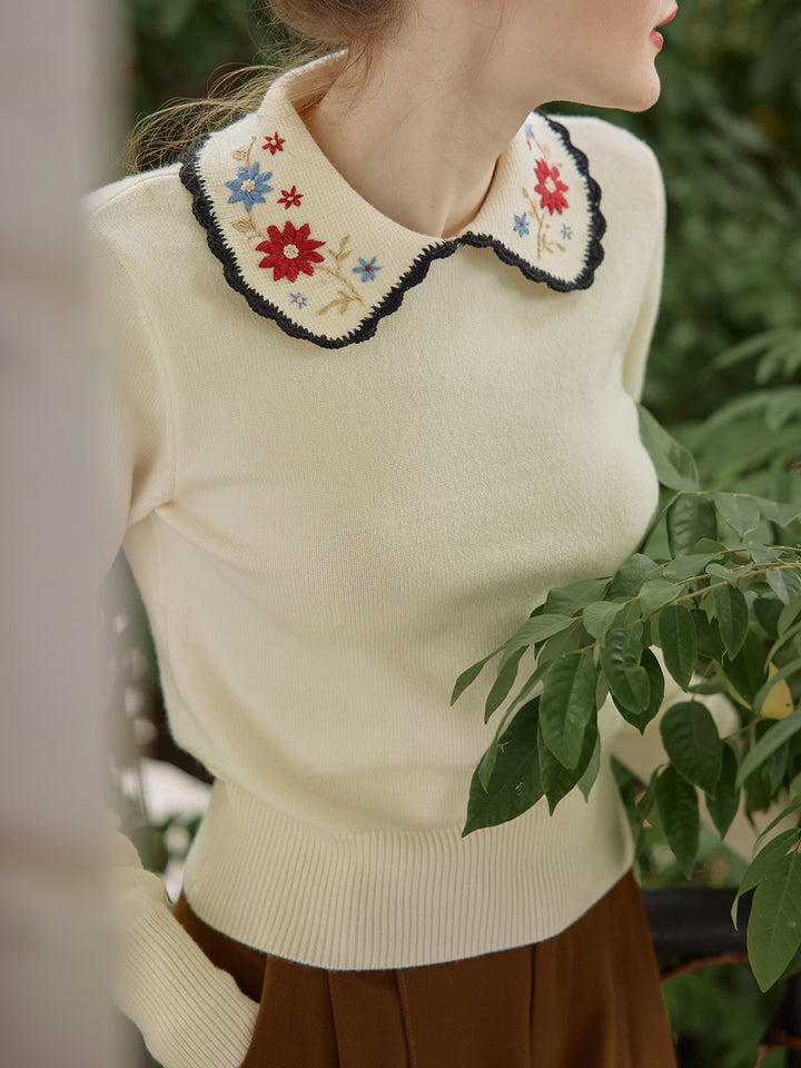 Grace Embroidered Peter Pan Collar Apricot Knit Sweater/SIMPLERETRO