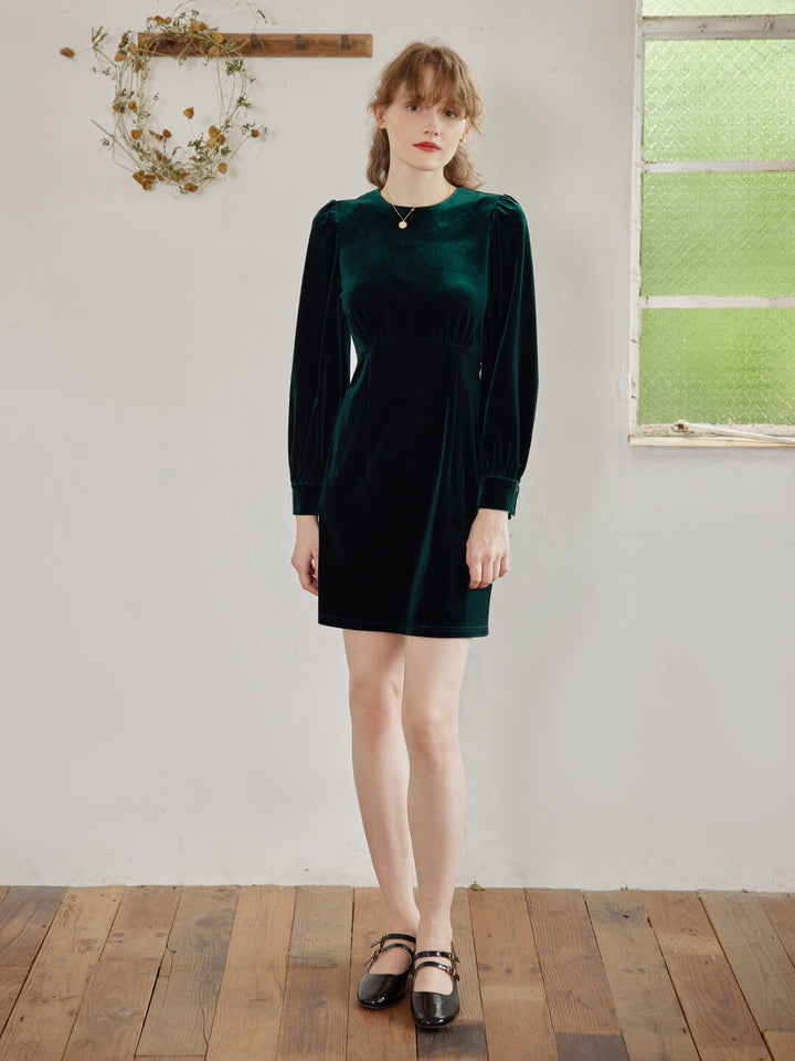Sofia Puff Sleeve Green Velvet Dress/SIMPLERETRO