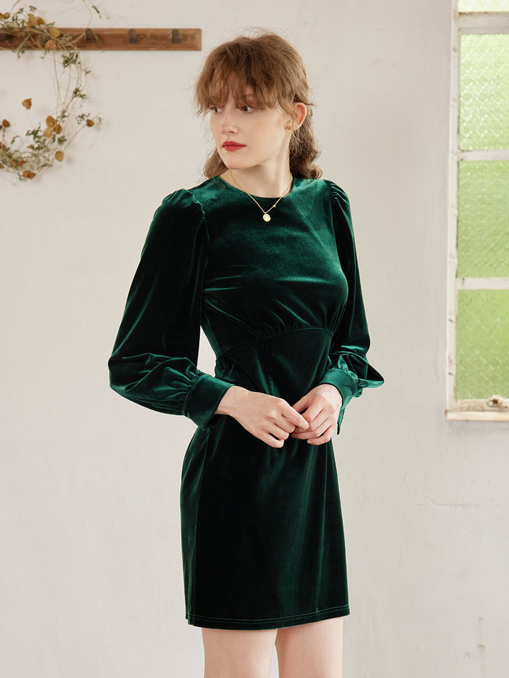 Sofia Puff Sleeve Green Velvet Dress/SIMPLERETRO