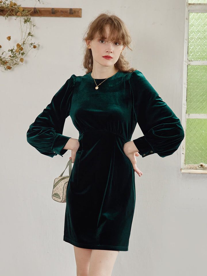 Sofia Puff Sleeve Green Velvet Dress/SIMPLERETRO