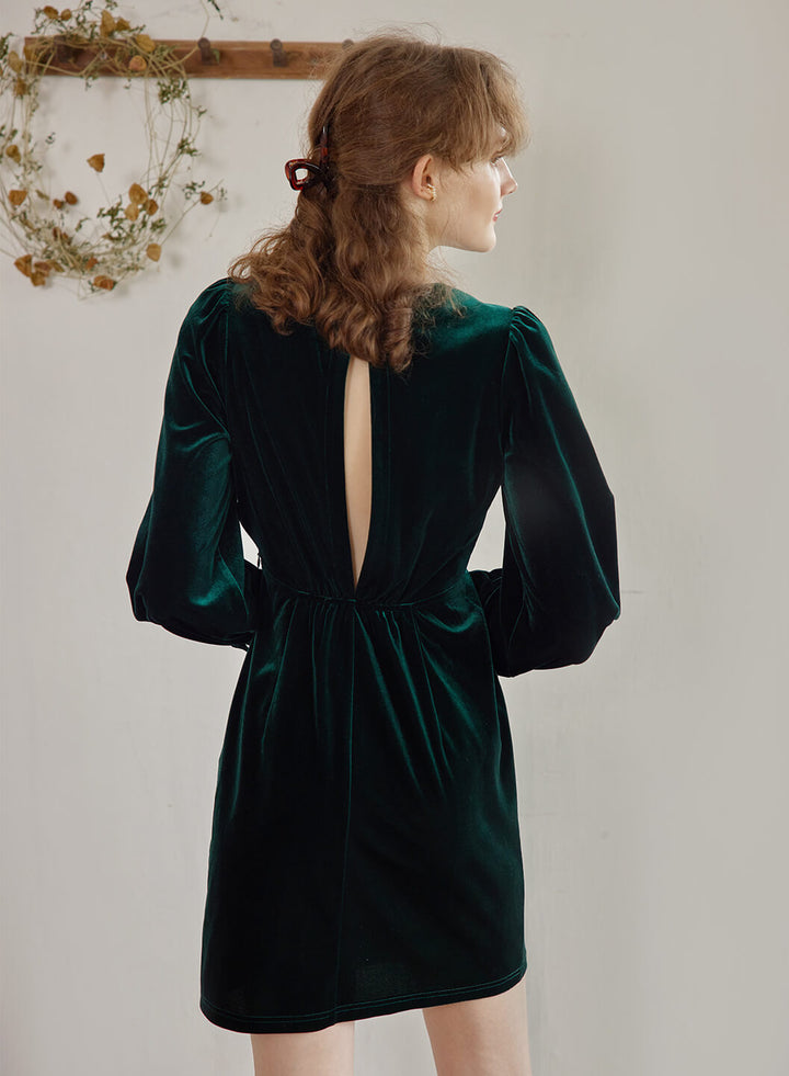 Sofia Puff Sleeve Green Velvet Dress/SIMPLERETRO