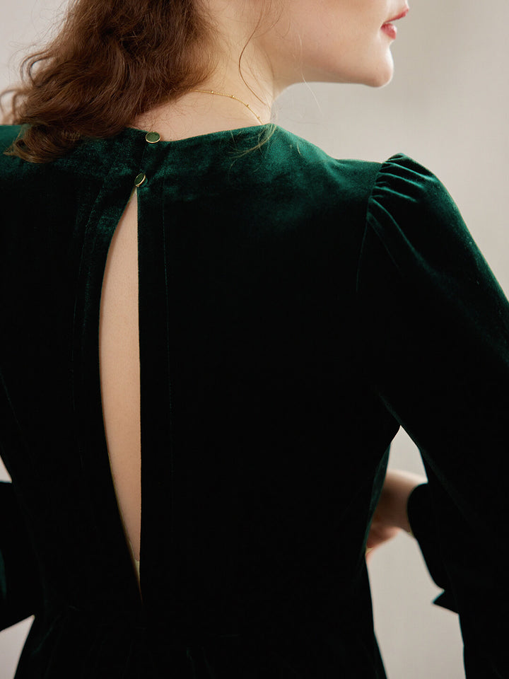 Sofia Puff Sleeve Green Velvet Dress/SIMPLERETRO