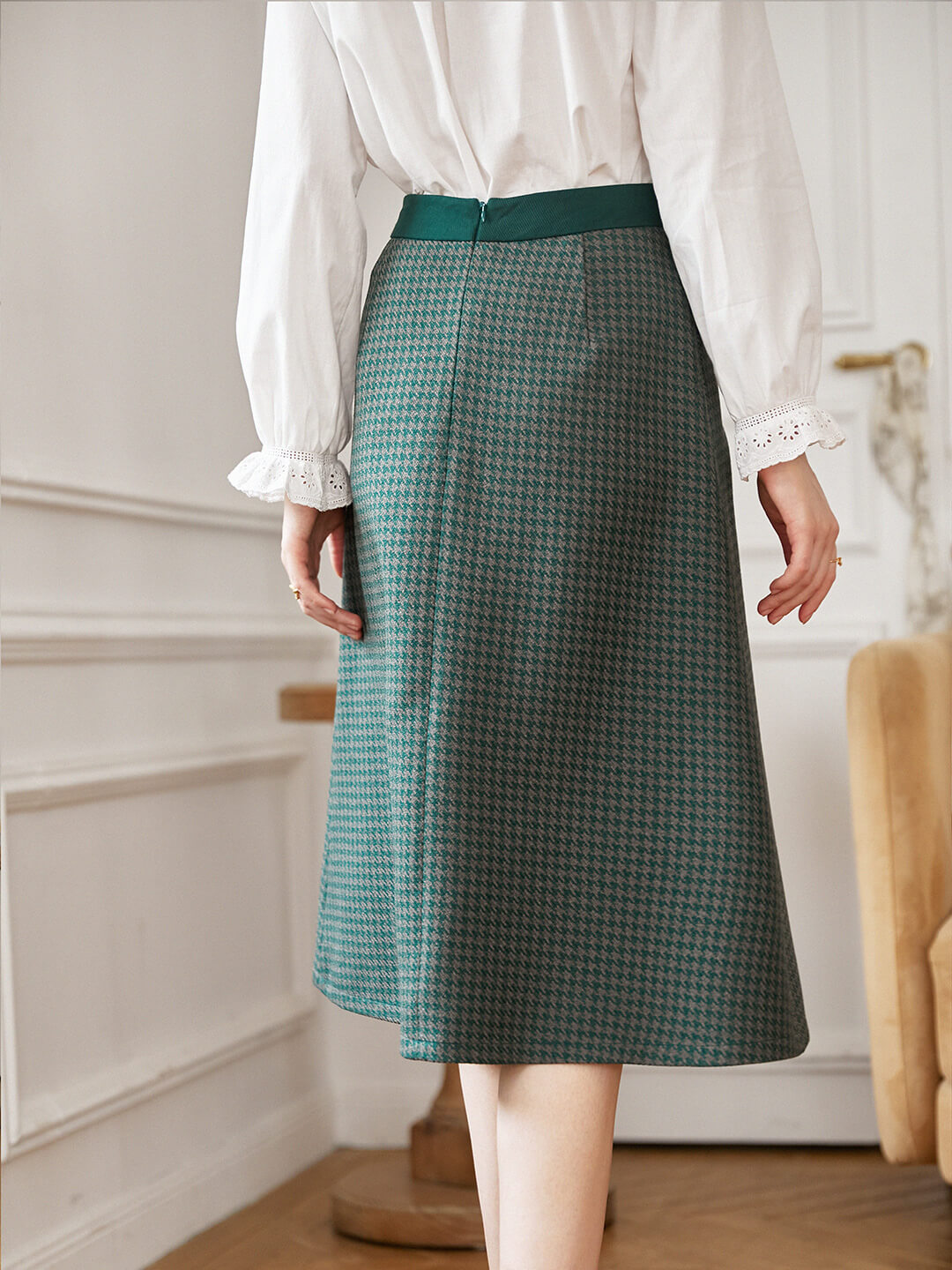 Raven Twill Houndstooth Midi Skirt/Simple Retro/22218