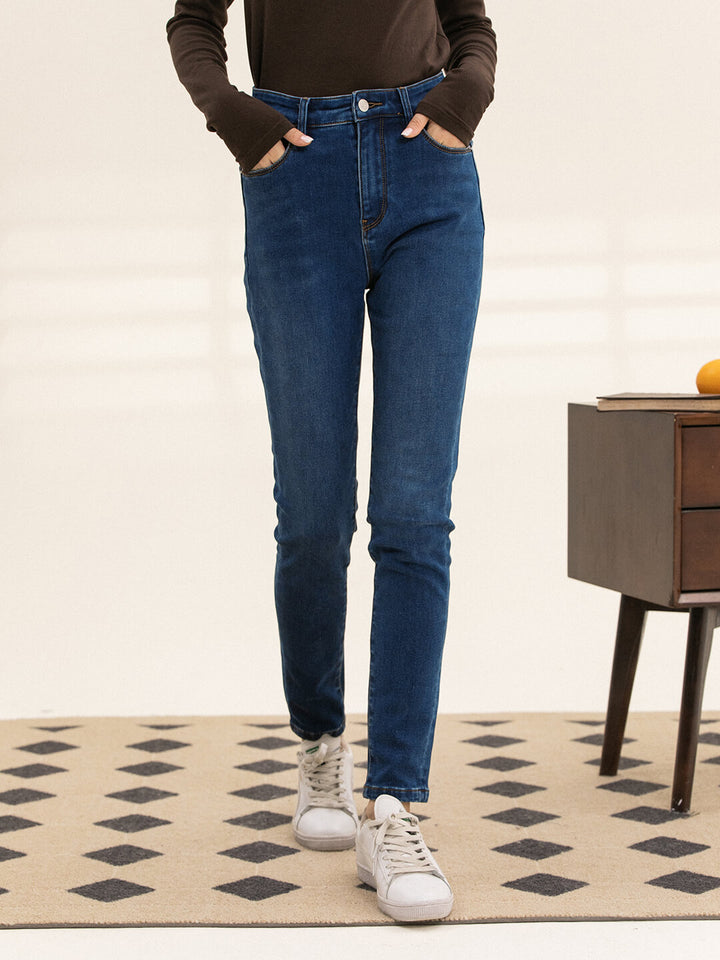 Jane High-waisted Skinny Blue Fleece Jeans/Simple Retro/66018