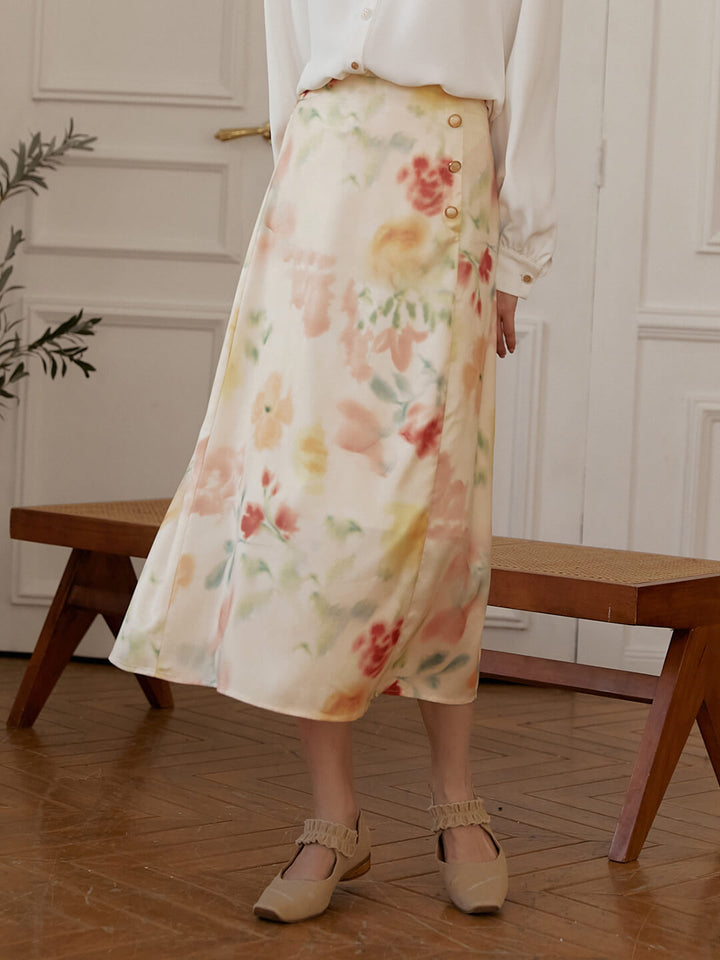 Aisha Satin Vintage Printed Midi Skirt/Simple Retro/77013
