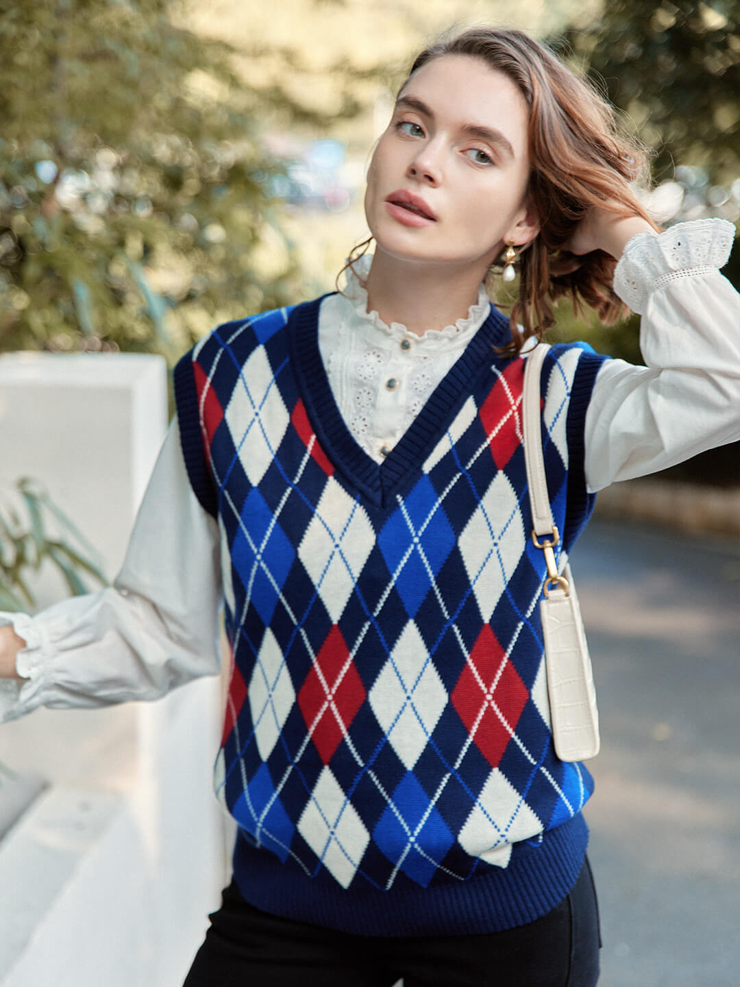 Final Sale】Jolene Argyle Patterned Dark Blue Knit Vest Sweater