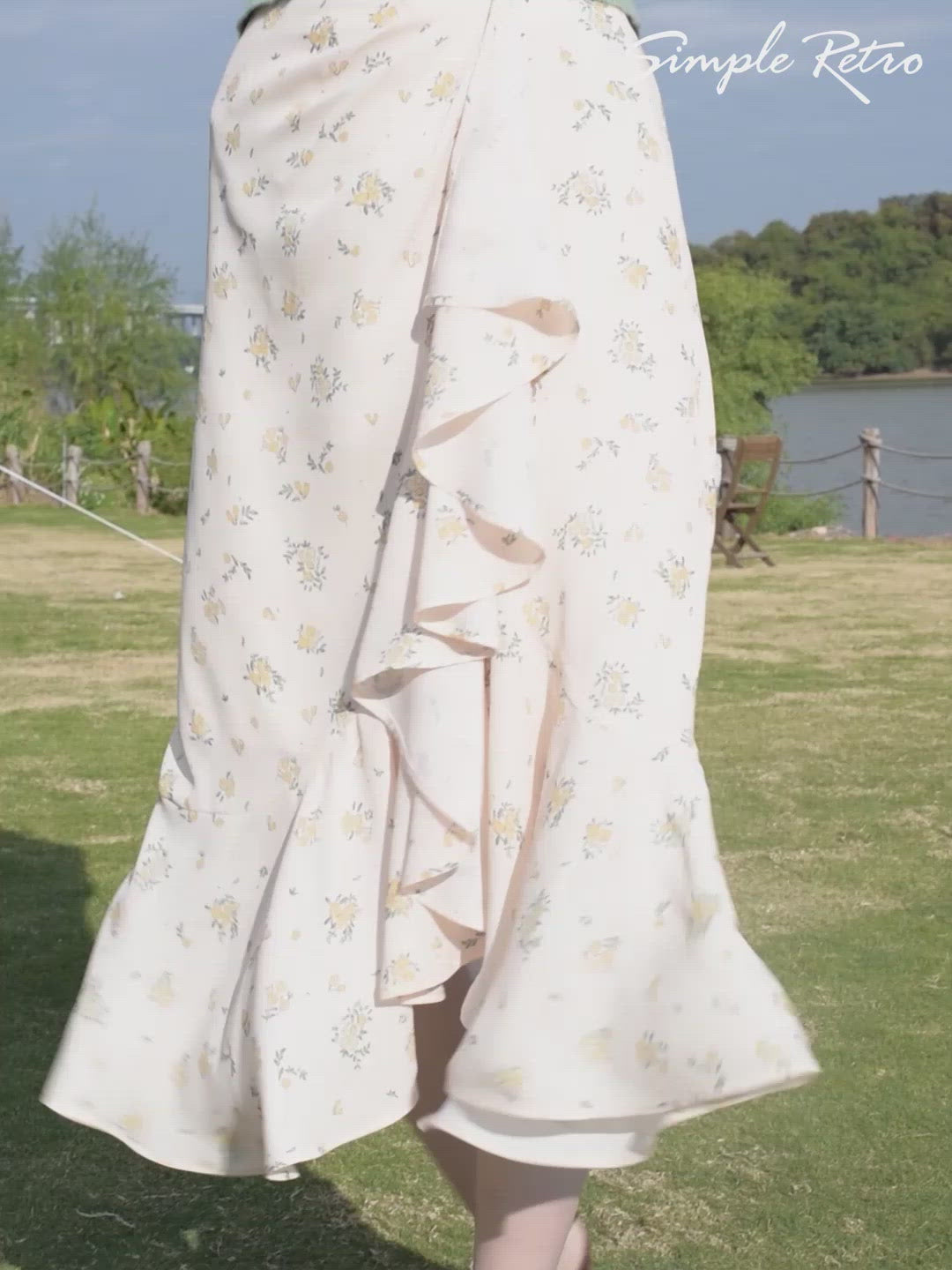 Iliana Ruffle Floral Printed Apricot Midi Skirt/Simple Retro/11319