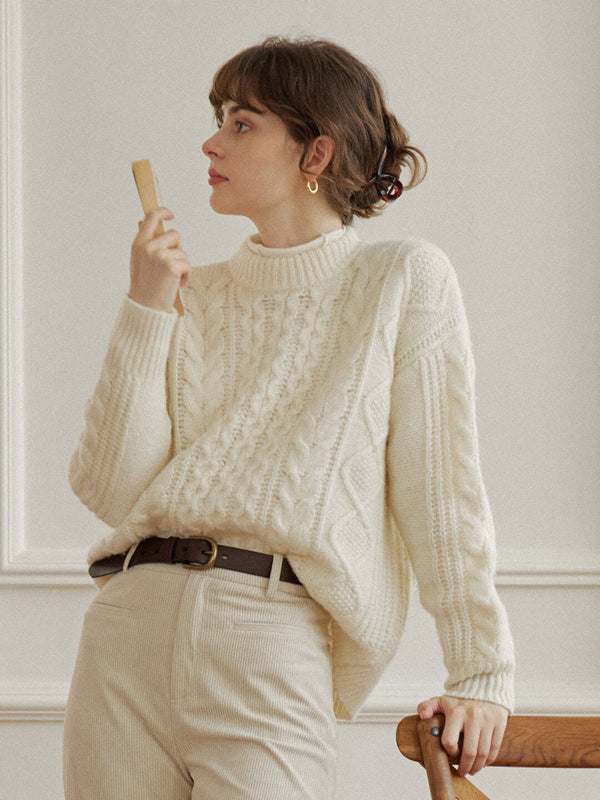 Raina Cable White Irish Knit Wool Sweater