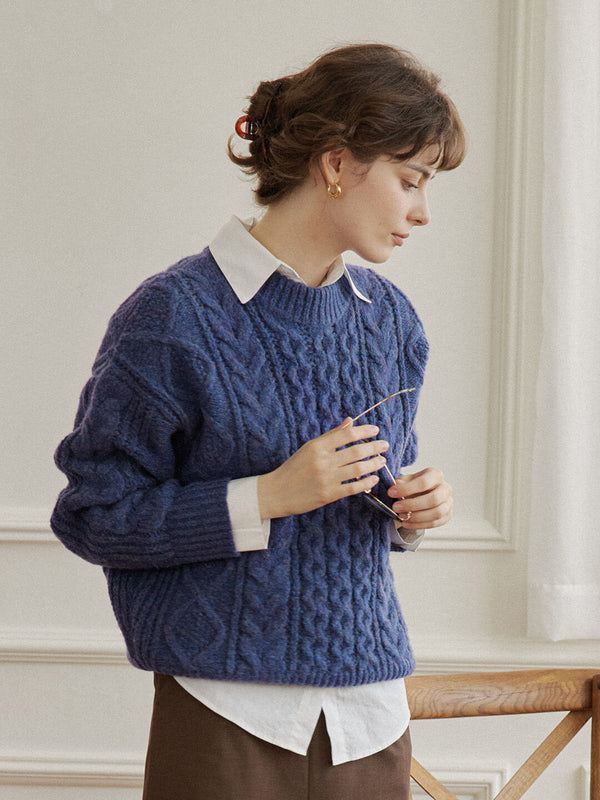 Raina Cable Blue Irish Knit Wool Sweater