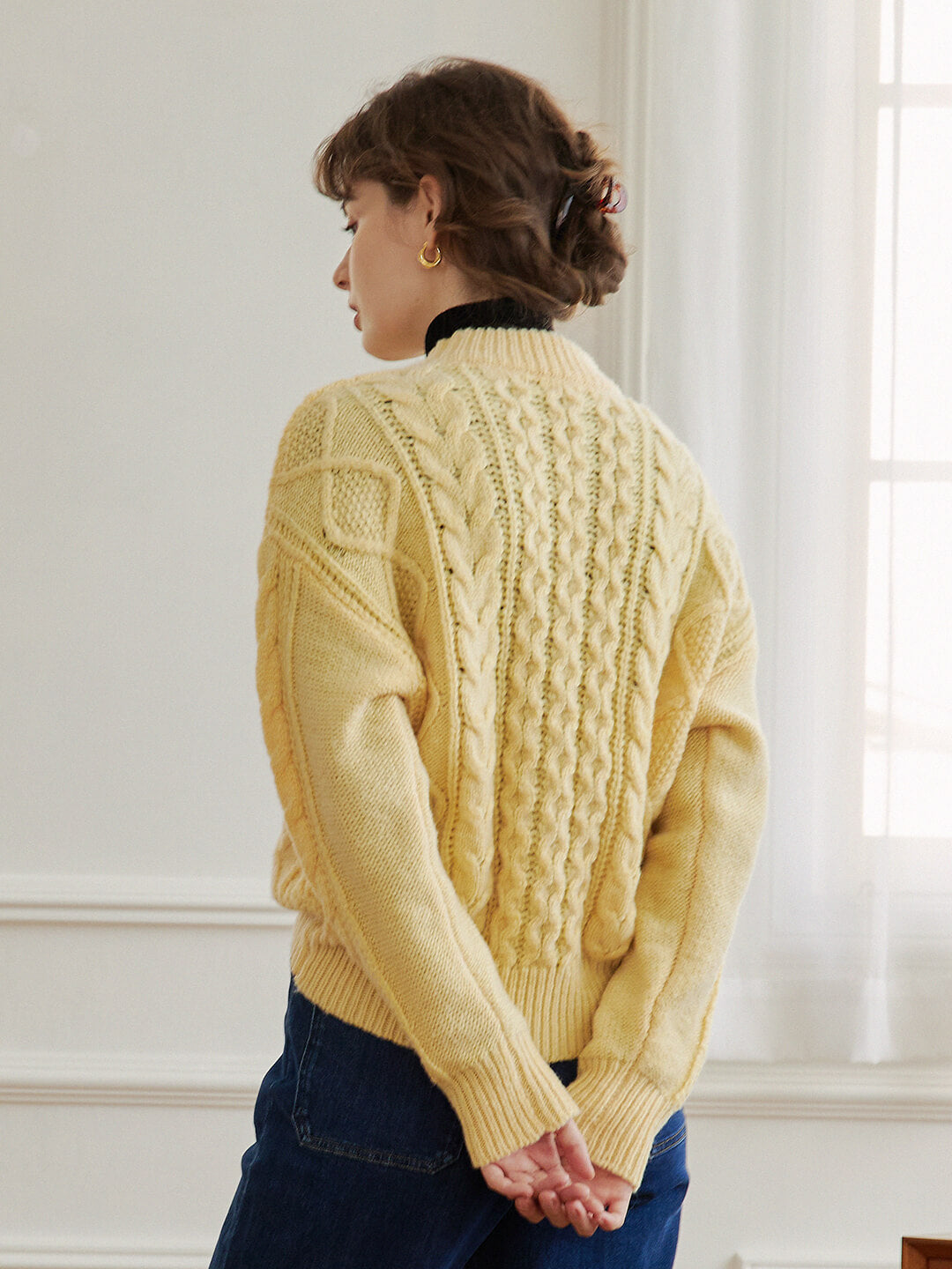 【Holiday Sale】Raina Cable Yellow Irish Knit Wool Sweater