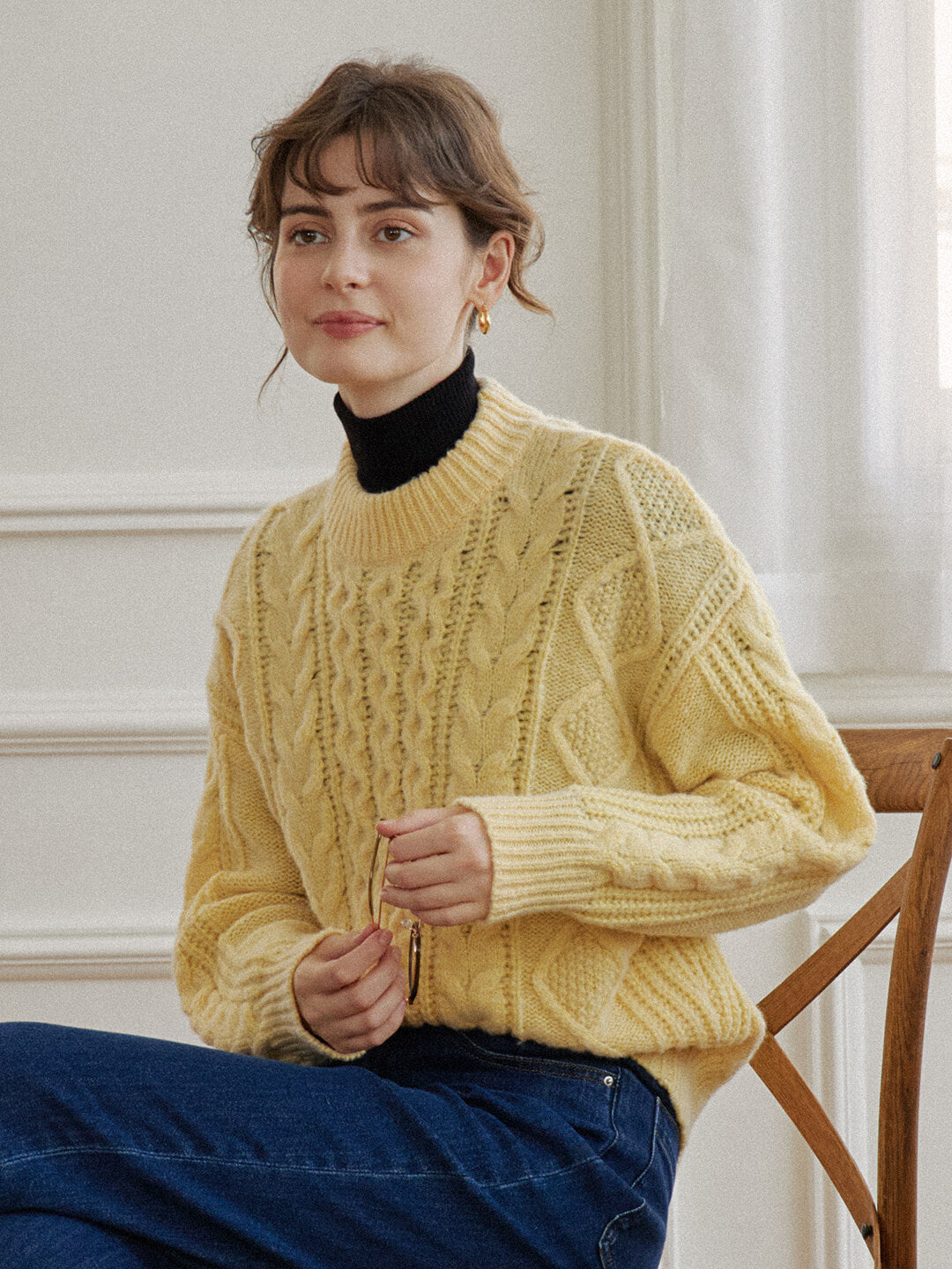 【Holiday Sale】Raina Cable Yellow Irish Knit Wool Sweater