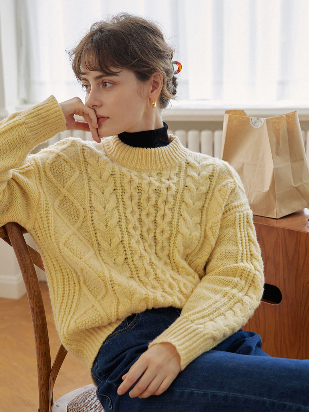 【Holiday Sale】Raina Cable Yellow Irish Knit Wool Sweater