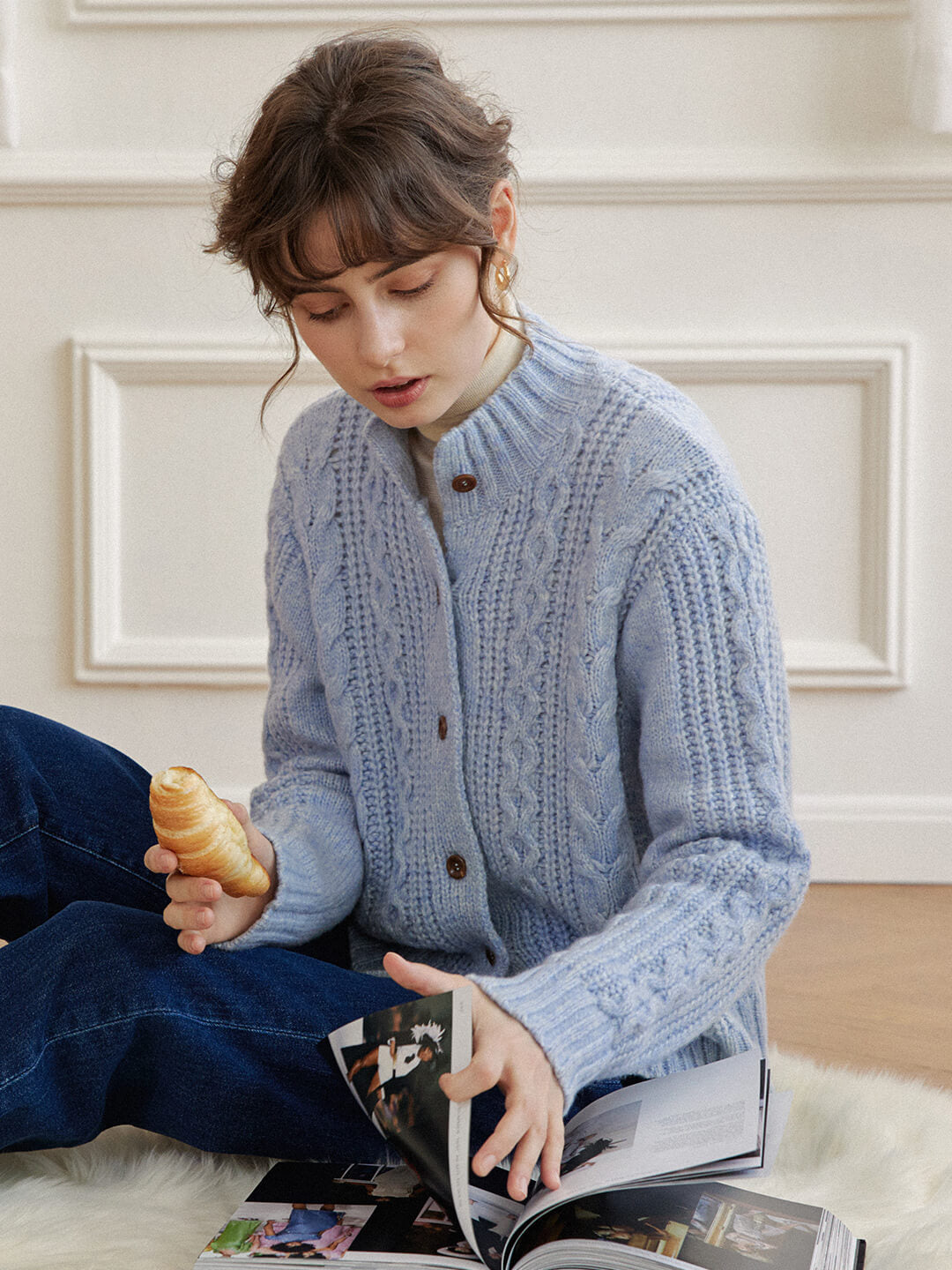 【Final Sale】Raina Cable Blue Irish Knit Wool Cardigan
