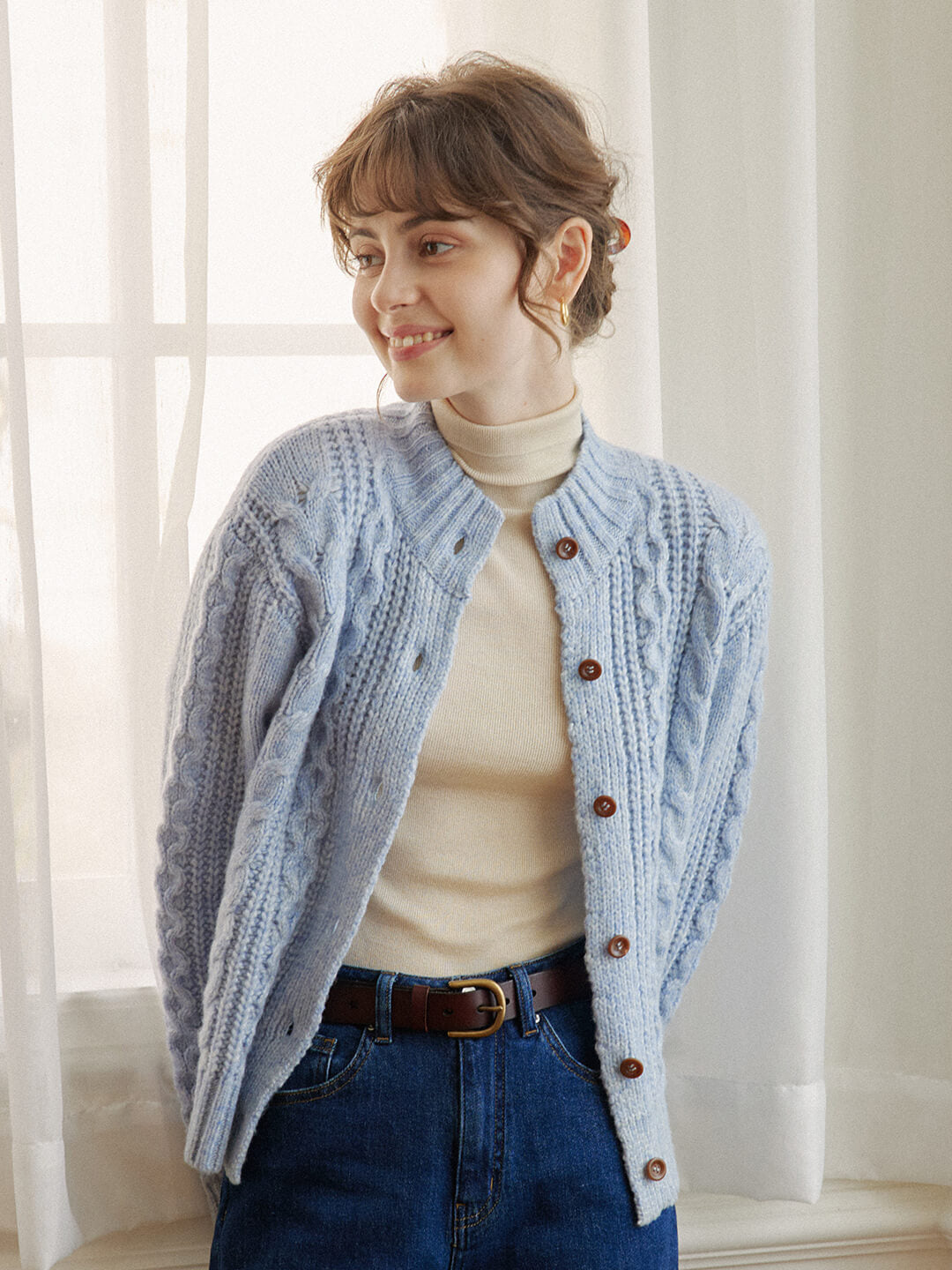 【Final Sale】Raina Cable Blue Irish Knit Wool Cardigan