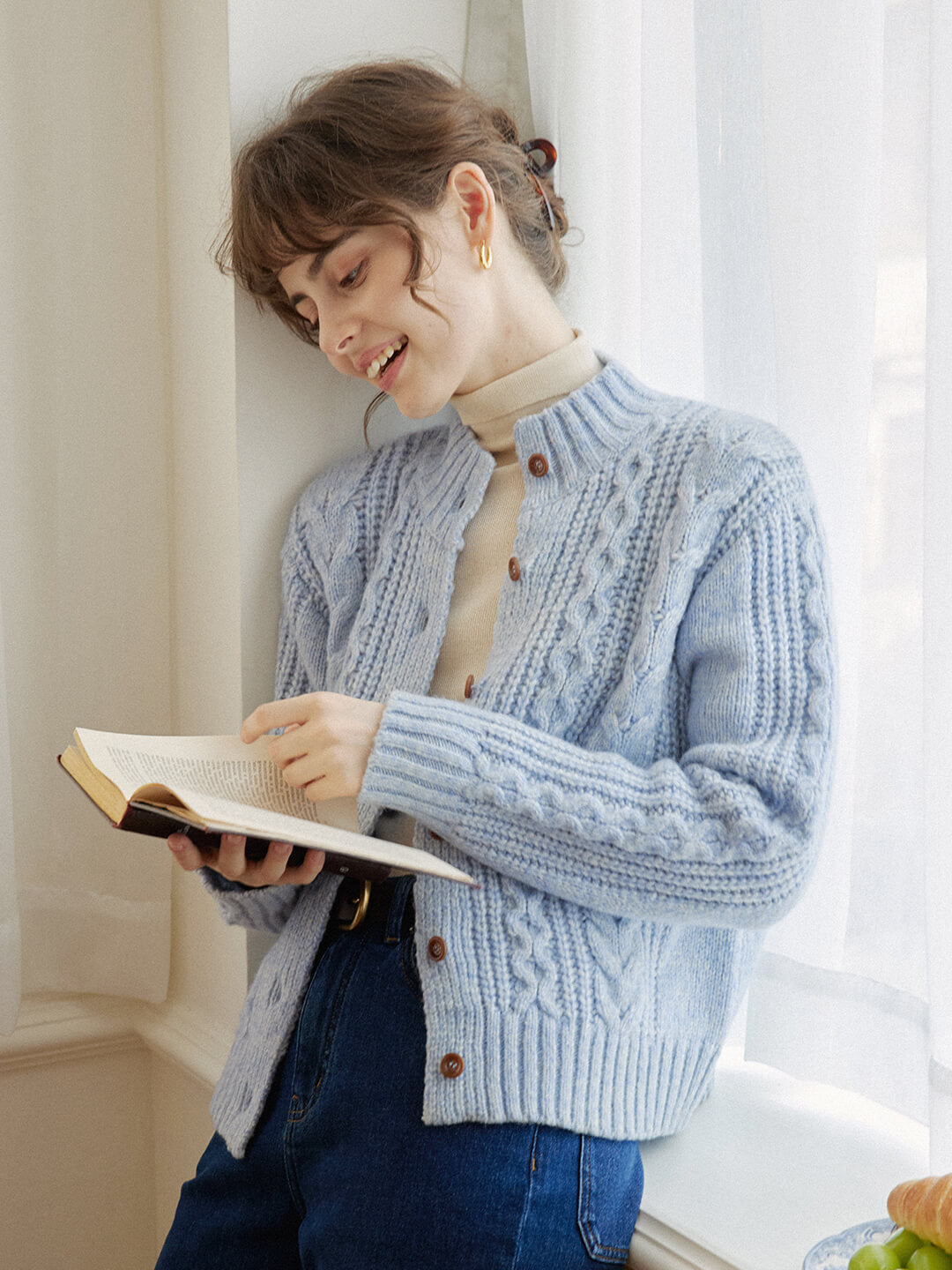 【Final Sale】Raina Cable Blue Irish Knit Wool Cardigan