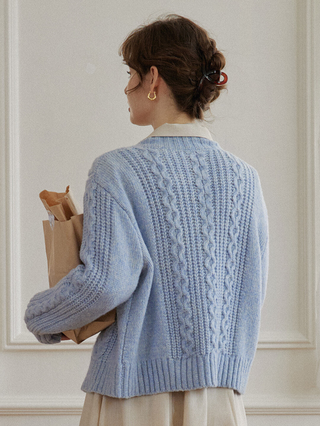 【Final Sale】Raina Cable Blue Irish Knit Wool Cardigan