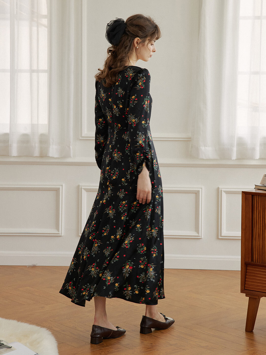 Ensley Floral Printed Black Dress