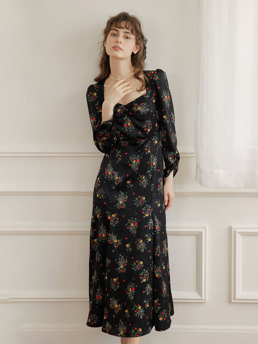 Ensley Floral Printed Black Dress