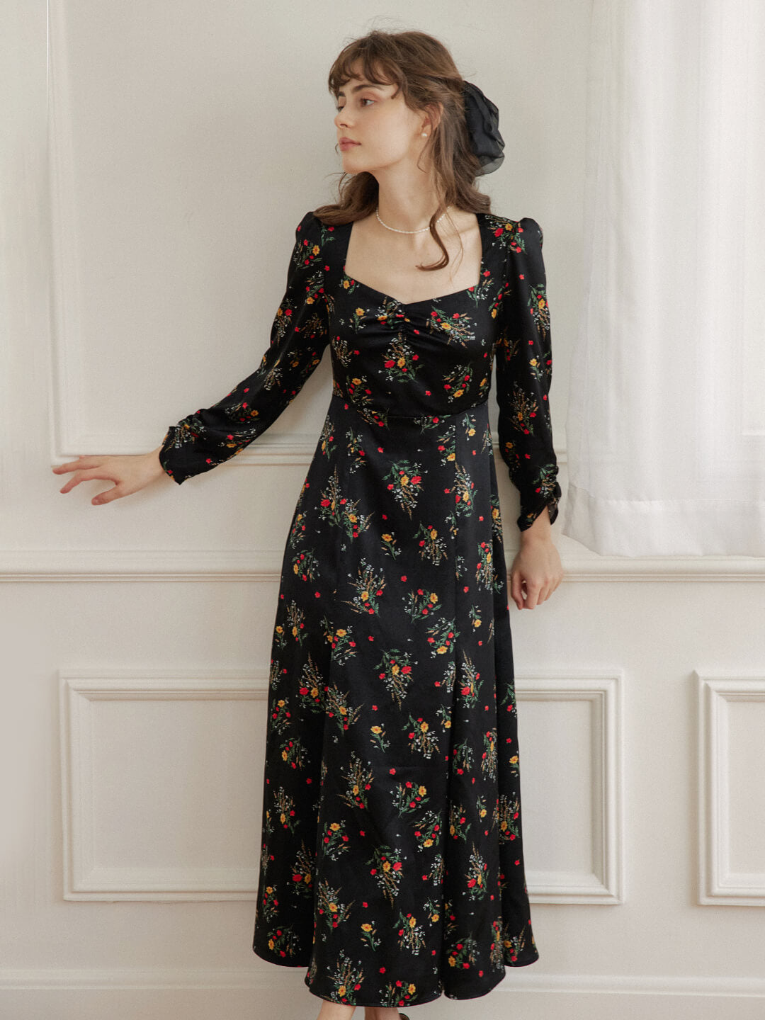 Ensley Floral Printed Black Dress