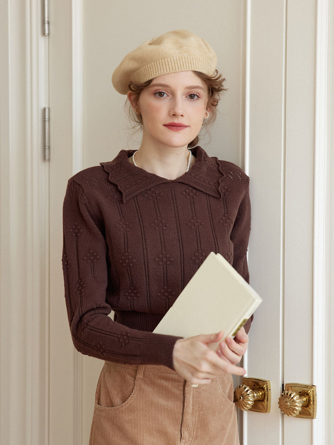 Jasmine Cable Polo Brown Knit Sweater