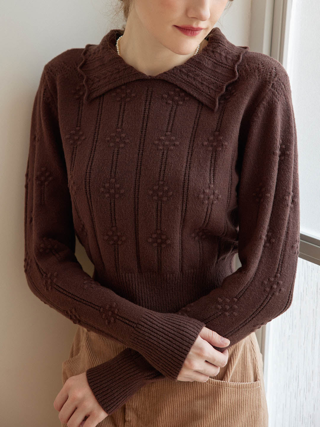 Jasmine Cable Polo Brown Knit Sweater