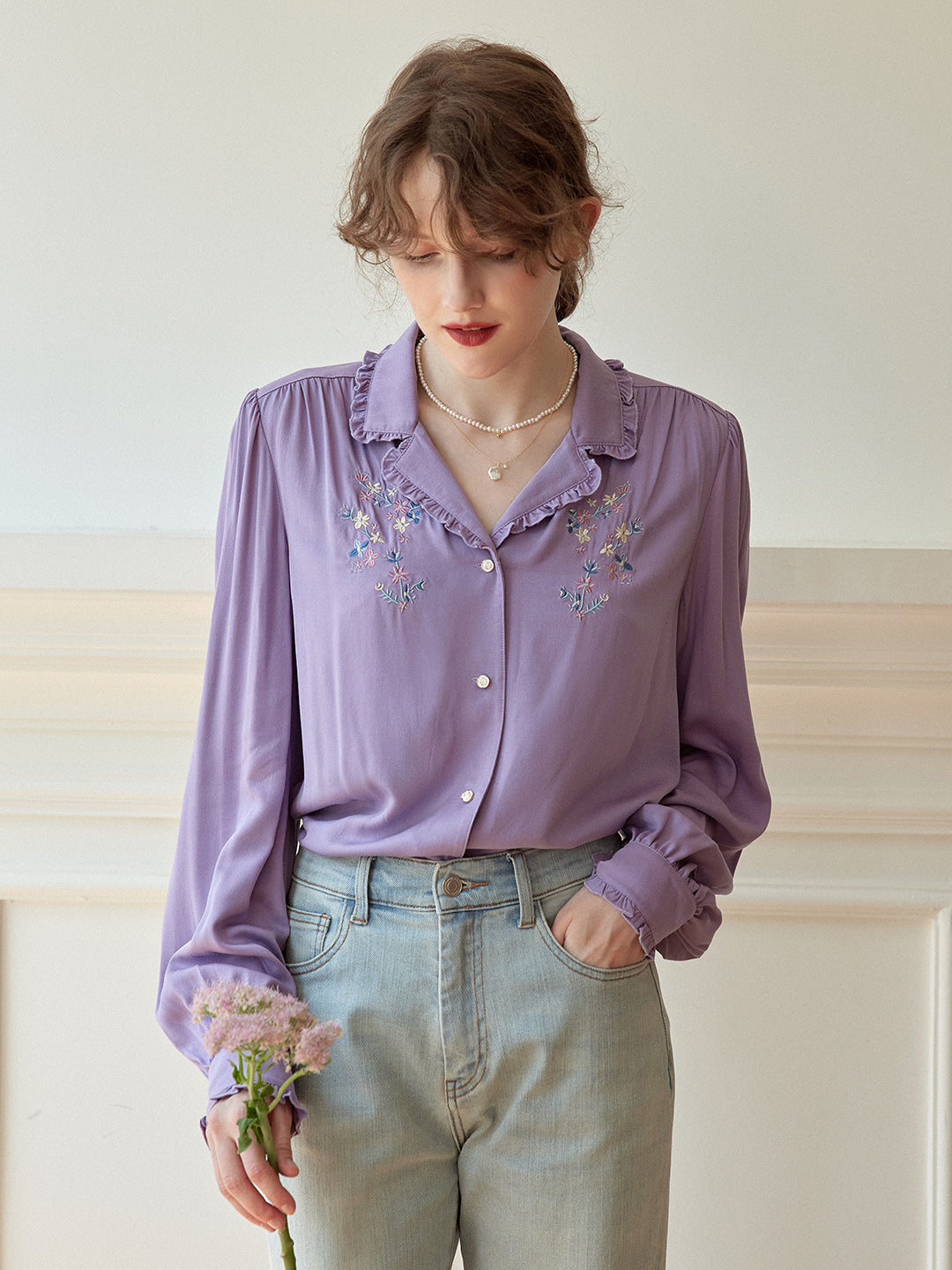 【Holiday Sale】Convallaria Floral Embroidered Purple Puff Top