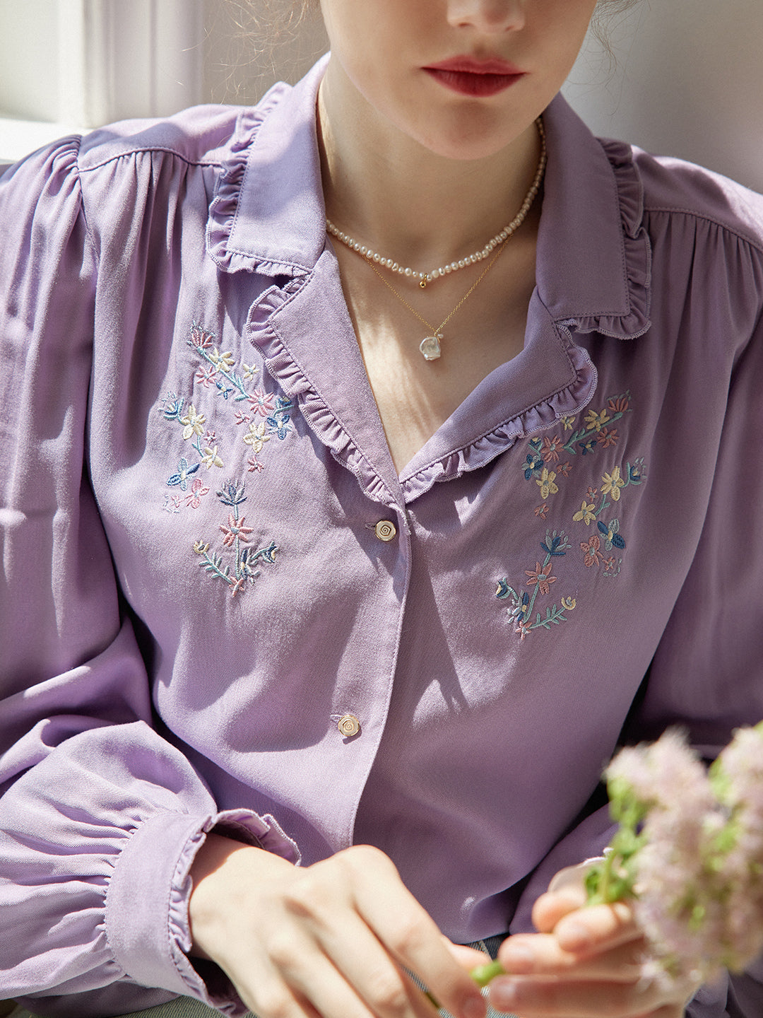 【Holiday Sale】Convallaria Floral Embroidered Purple Puff Top