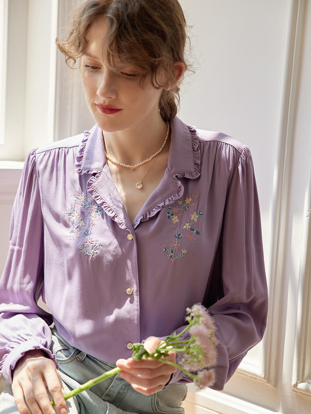 【Holiday Sale】Convallaria Floral Embroidered Purple Puff Top