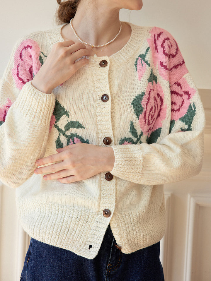 Noemi Rose Jacquard White Knit Cardigan/simpleretro