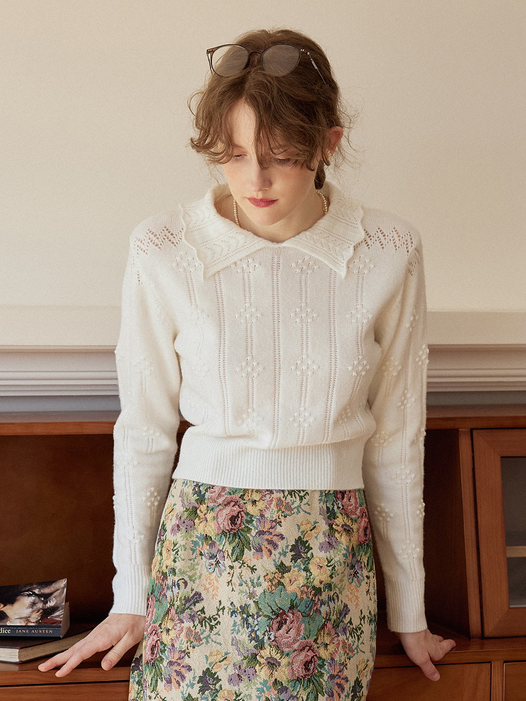Jasmine Cable Polo White Knit Sweater/simpleretro