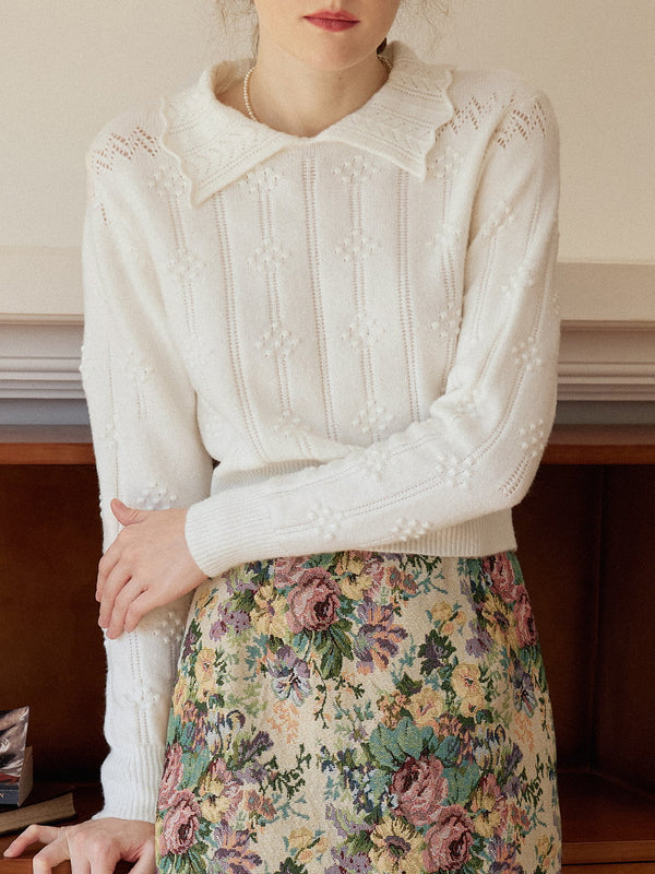Jasmine Cable Polo White Knit Sweater/simpleretro