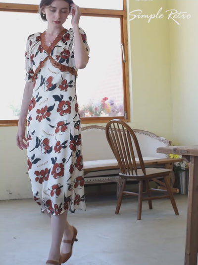Camellia Chowxiaodou Printed Red Midi Dress/Simple Retro/11324