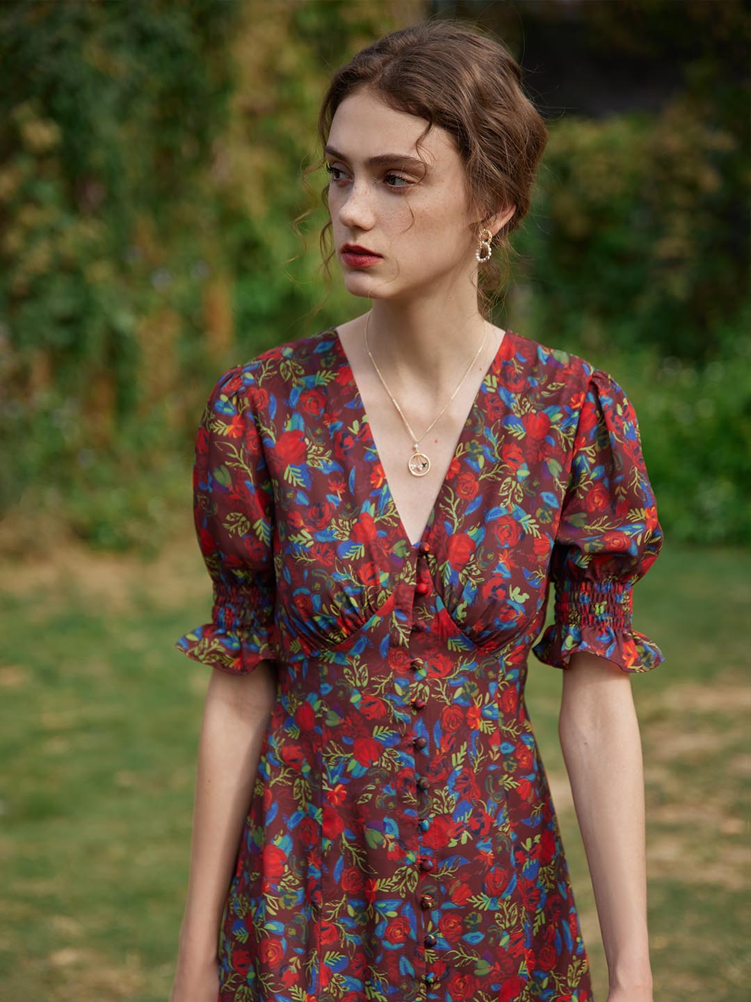 Kora Floral Printed Midi Dress/Simple Retro/1200039