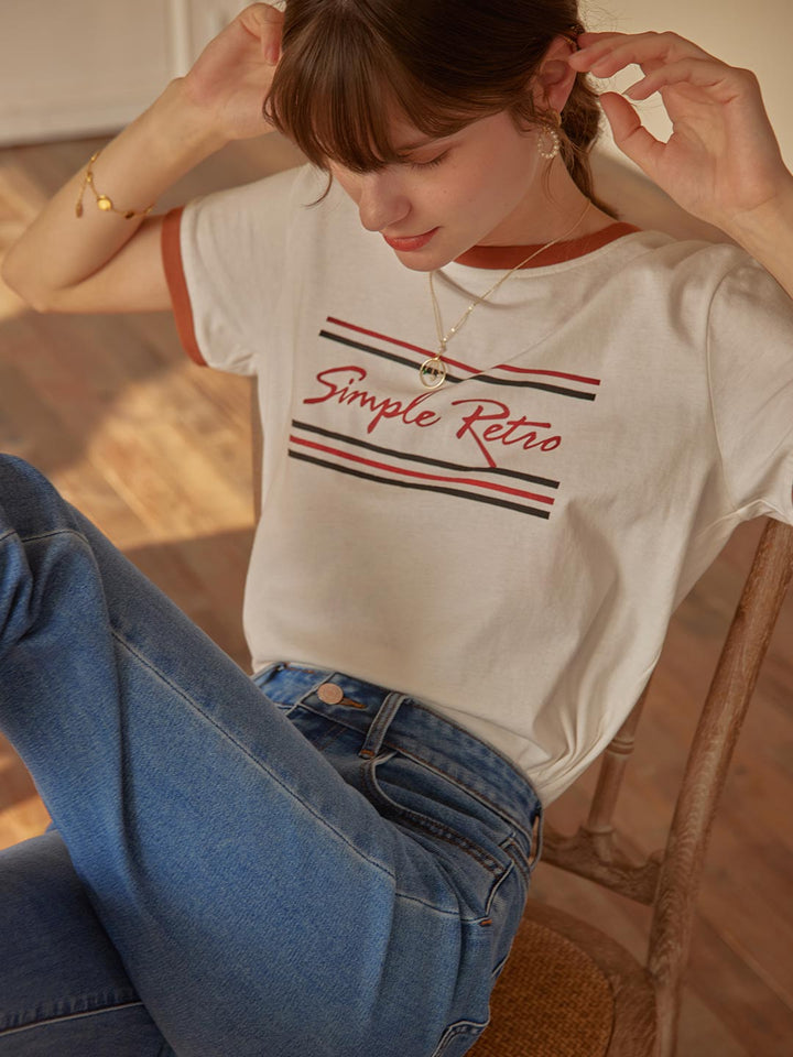 Maya Logo Printed Vintage T-Shirt/Simple Retro/1200046