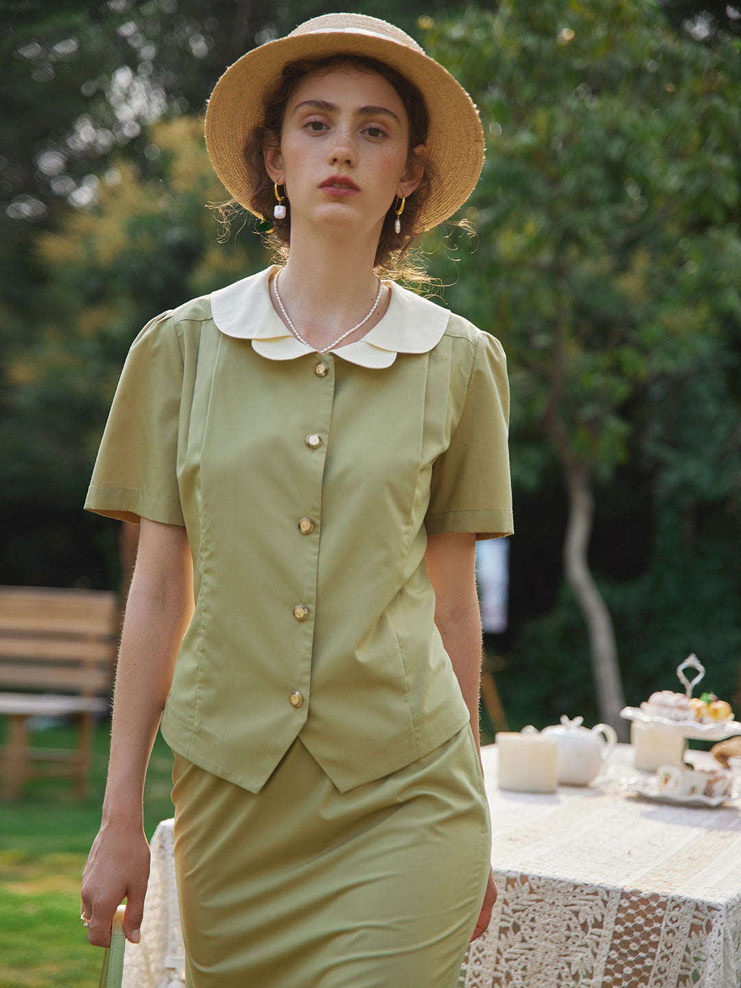 Kimura Patchwork Collar Blouse/Simple Retro/11235