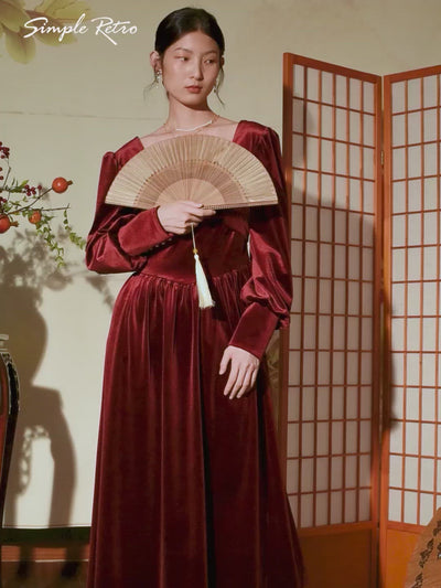 Imani Puff Sleeves Red Midi Velvet Dress/Simple Retro/11300