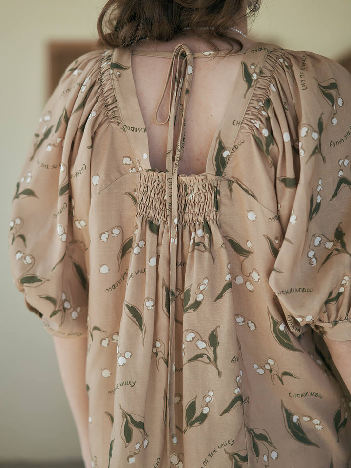 Convallaria Chowxiaodou Printed Khaki Loose Blouse/Simple Retro/55180