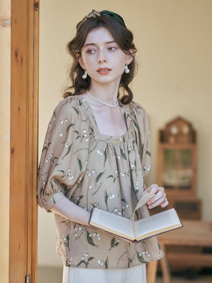 Convallaria Chowxiaodou Printed Khaki Loose Blouse/Simple Retro/55180
