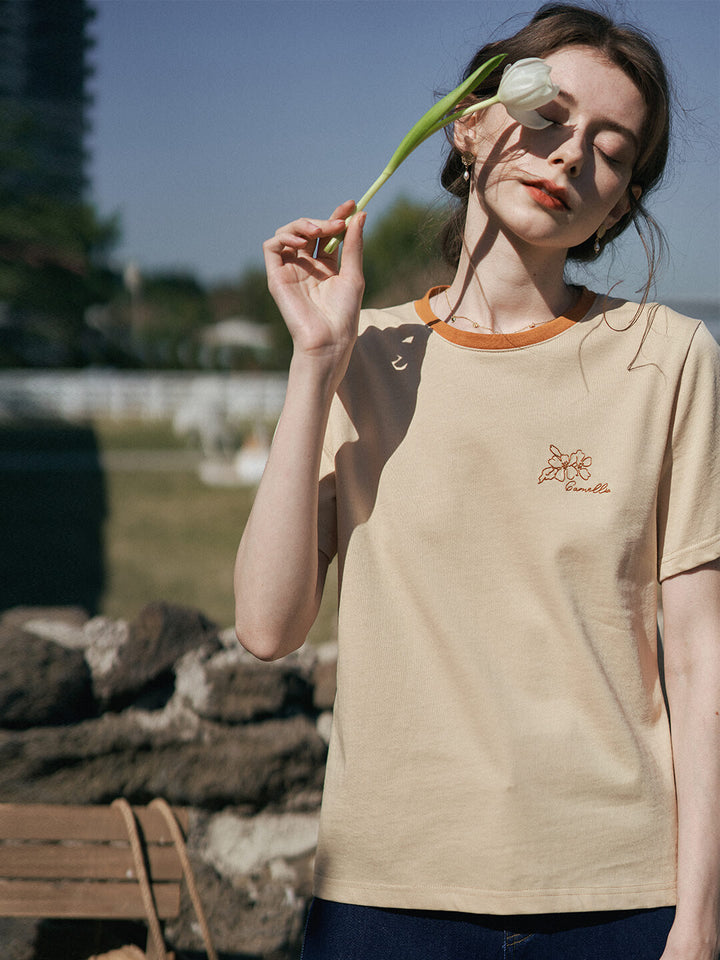 Camellia Chowxiaodou Orange Embroideried T-Shirt/Simple Retro/55164