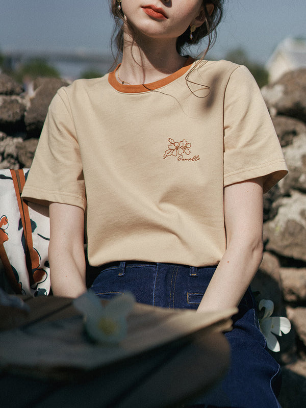 Camellia Chowxiaodou Orange Embroideried T-Shirt/Simple Retro/55164