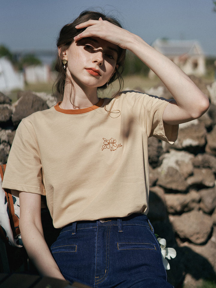 Camellia Chowxiaodou Orange Embroideried T-Shirt/Simple Retro/55164