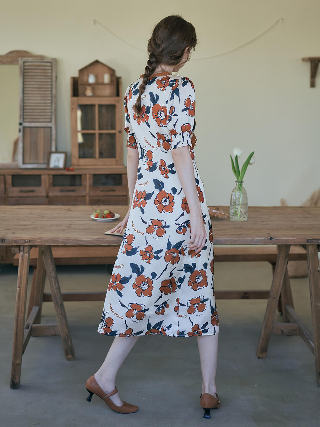 Camellia Chowxiaodou Printed Red Midi Dress/Simple Retro/11324