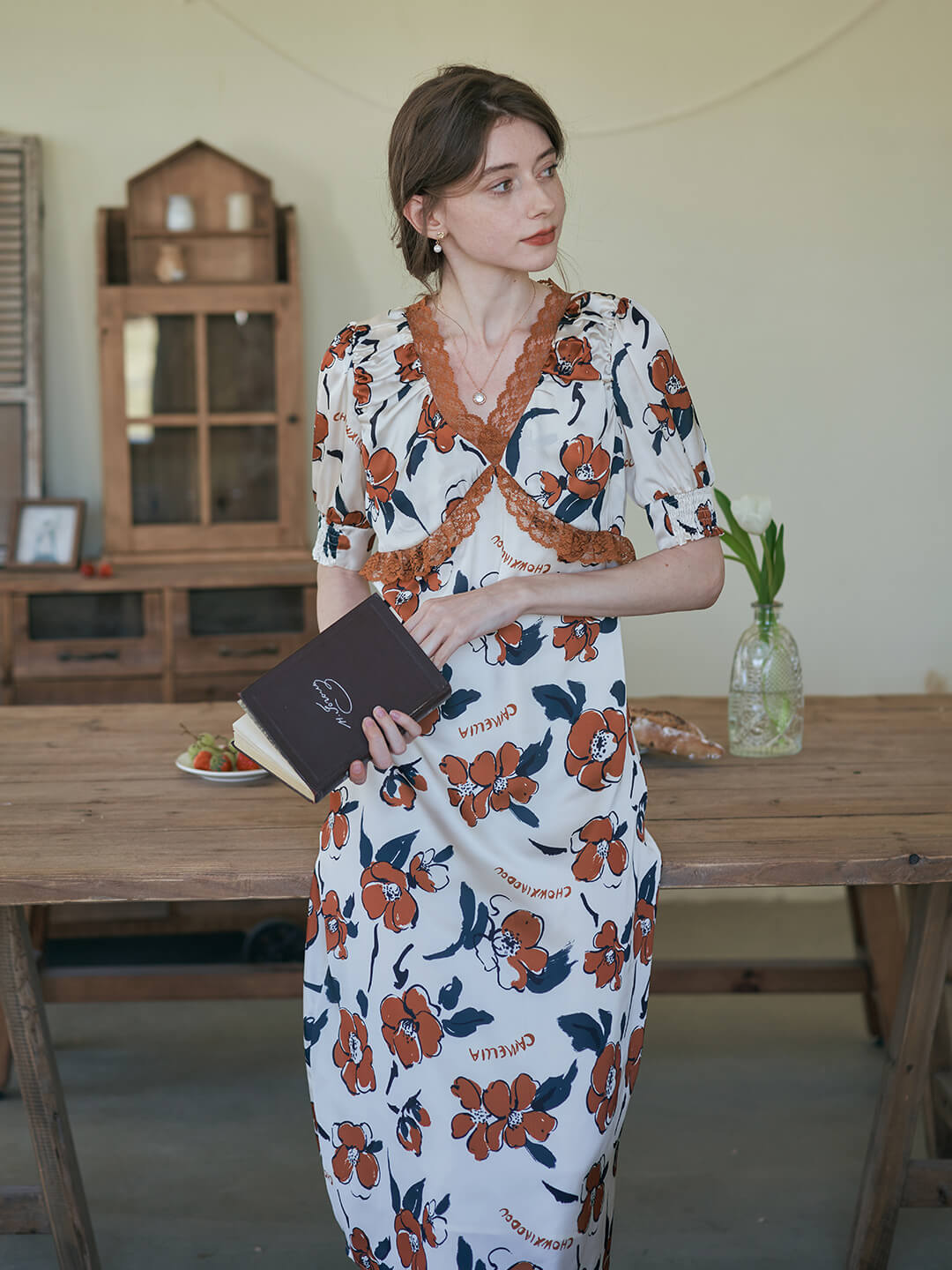 Camellia Chowxiaodou Printed Red Midi Dress/Simple Retro/11324