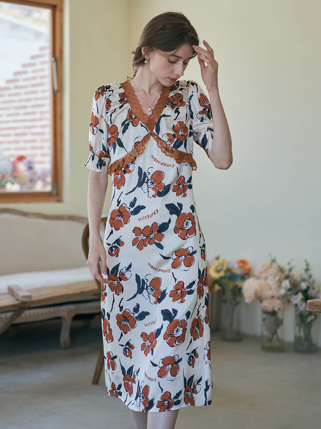 Camellia Chowxiaodou Printed Red Midi Dress/Simple Retro/11324